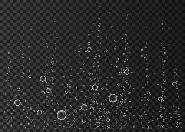 Underwater fizzing air water or oxygen bubbles on black background Effervescent drink Fizzy sparkles in sea aquarium Champagne Soda pop Undersea vector texture