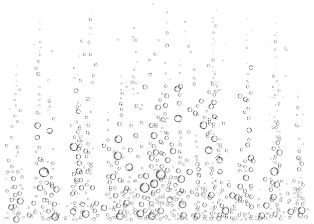 Underwater fizzing air water or oxygen bubbles on white background Effervescent drink Fizzy sparkles in sea aquarium Champagne Soda pop Undersea vector texture