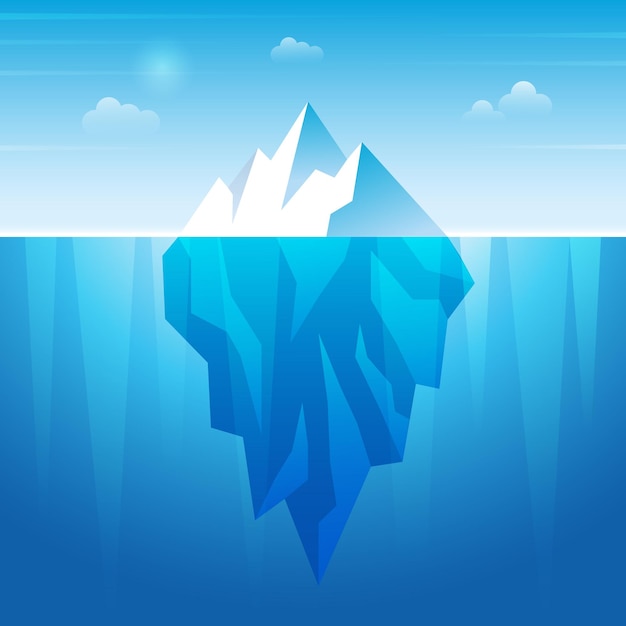 Underwater iceberg. Flowing ice rock in ocean water frozen mountain recent vector background. Illustration north ice under ocean, iceberg cold polygon