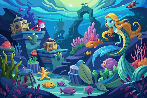 Underwater kingdom with mermaids sea monsters and sunken treasure Illustration