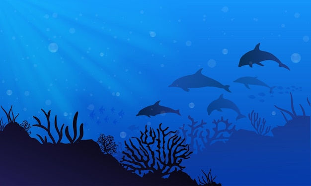 Vector underwater landscape background with silhouette of dolphin underwater background vector illustration