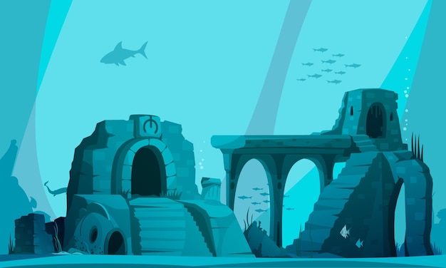 Vector underwater landscape with ancient ruins of flooded atlantis in beams of light cartoon illustration