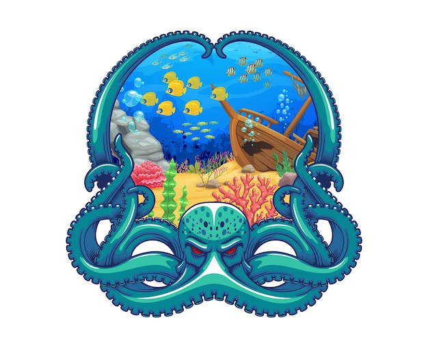 Underwater landscape with octopus frame Cartoon sea under water world vector background of sunken ship on coral reef bottom with tropical fish seaweeds and bubbles in octopus tentacles round frame