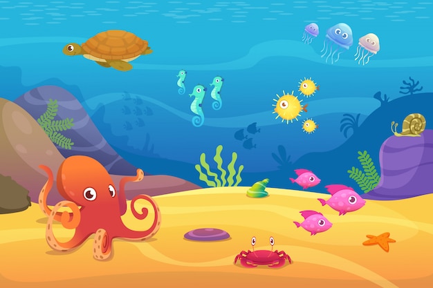 Underwater life. Aquarium cartoon fish ocean and sea animals illustration