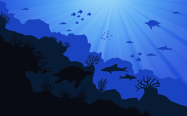 Vector underwater ocean fauna deep sea plants fishes and animals marine seaweed fish and animal silhoue