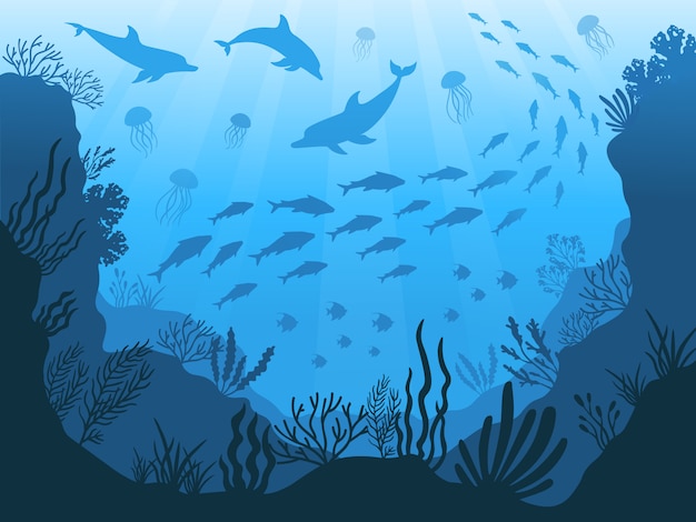 Underwater ocean fauna. Deep sea plants, fishes and animals. Marine seaweed, fish and animal silhouette illustration