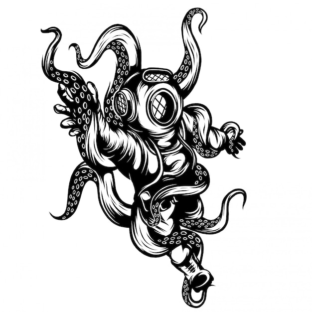 underwater octopus black and white   illustation