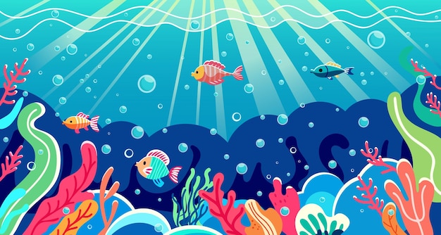 Underwater scene with colorful fish corals and seaweed vector illustration on a blue ocean background with sunbeams Vector illustration