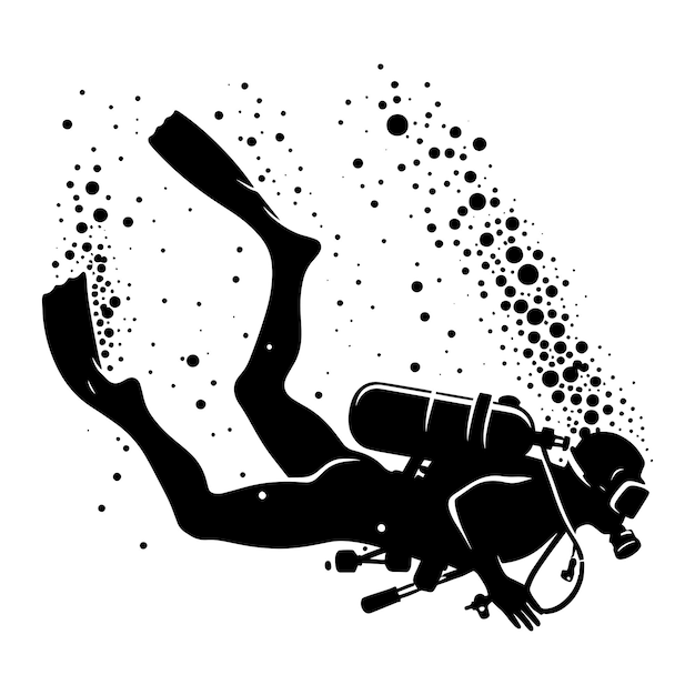 Vector underwater scuba diving silhouette vector illustration isolated on a white background