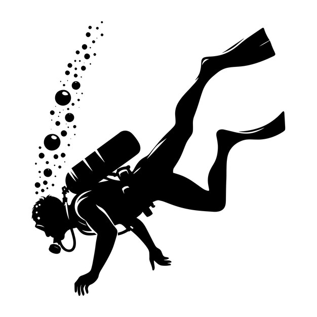 Vector underwater scuba diving silhouette vector illustration isolated on a white background