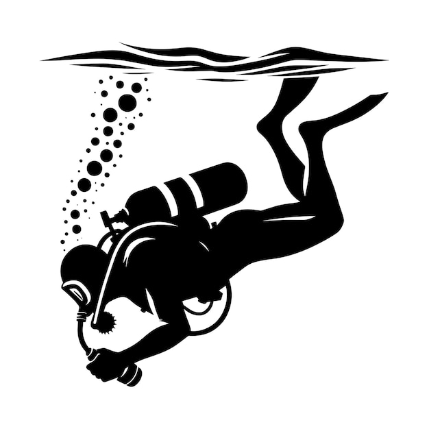 Vector underwater scuba diving silhouette vector illustration isolated on a white background