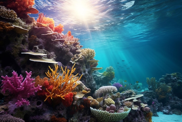 Underwater sea bottom background with coral reef Deep blue ocean undersea landscape Cartoon style