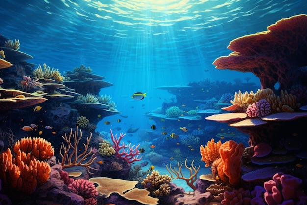 Underwater sea bottom background with coral reef Deep blue ocean undersea landscape Cartoon style