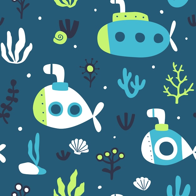 Underwater sea pattern with submarine and corals Seamless doodle vector print of ocean floor