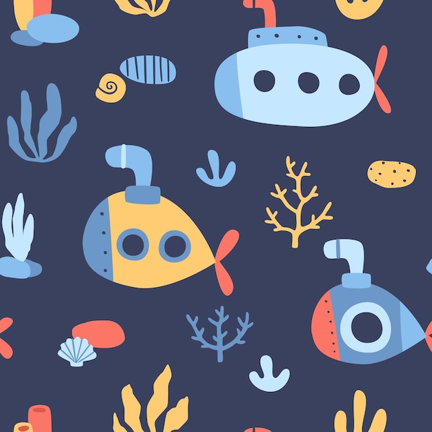 Underwater sea pattern with submarine and corals.