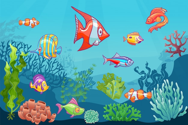 Underwater seascape. Cartoon aquatic sea wild life on bottom   background. Fish clown coral seaweed kid set