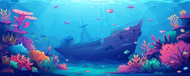 Vector underwater shipwreck surrounded by coral and marine life vector flat minimalistic