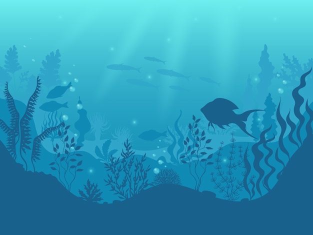 Underwater silhouette background. Undersea coral reef, ocean fish and marine algae cartoon scene, sunbeams under water