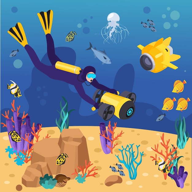 Underwater vehicles machines equipment isometric composition diver explores the seabed with underwater equipment illustration