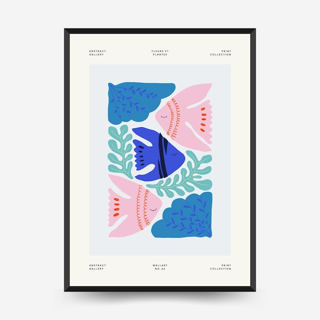 Underwater world, ocean, sea, fish and shells poster template. Matisse minimal style