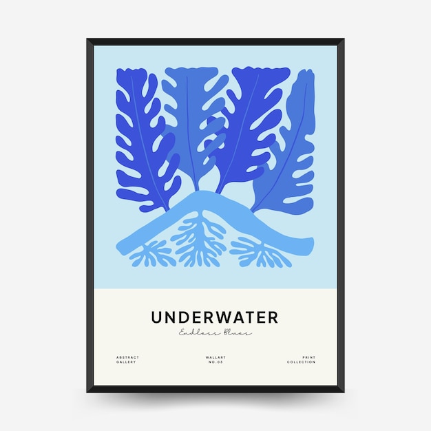 Underwater world, ocean, sea, fish and shells poster template. Matisse minimal style