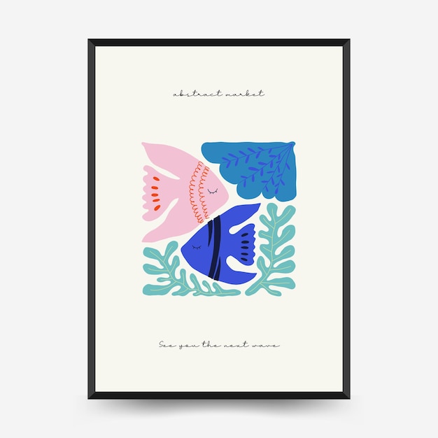 Underwater world, ocean, sea, fish and shells poster template. Matisse minimal style