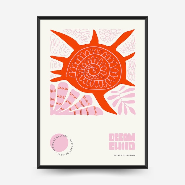 Underwater world, ocean, sea, fish and shells poster template. Matisse minimal style