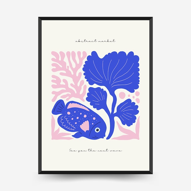 Underwater world, ocean, sea, fish and shells poster template. Matisse minimal style