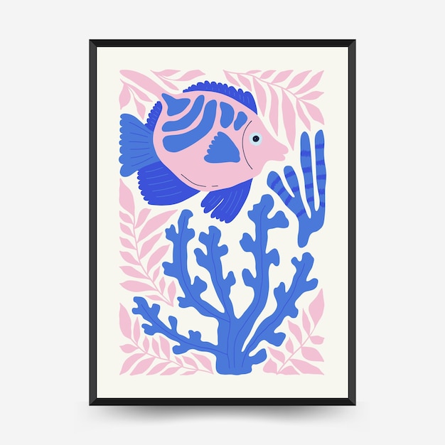 Underwater world, ocean, sea, fish and shells poster template. Matisse minimal style