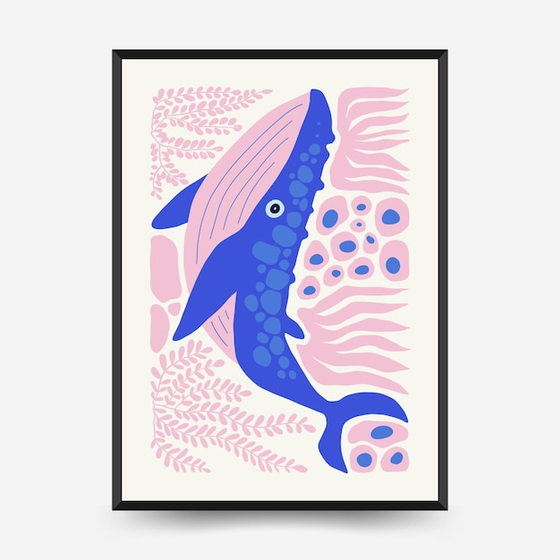 Underwater world, ocean, sea, fish and shells poster template. Matisse minimal style