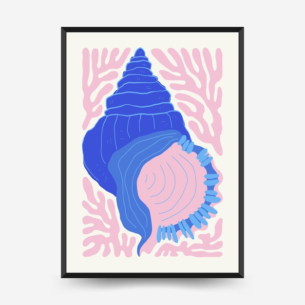 Underwater world, ocean, sea, fish and shells poster template. Matisse minimal style