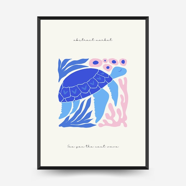 Underwater world, ocean, sea, fish and shells poster template. Matisse minimal style