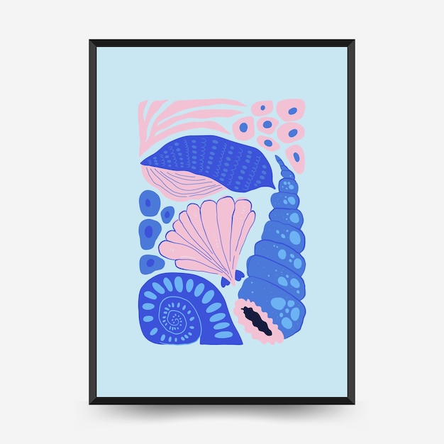 Underwater world, ocean, sea, fish and shells poster template. Matisse minimal style