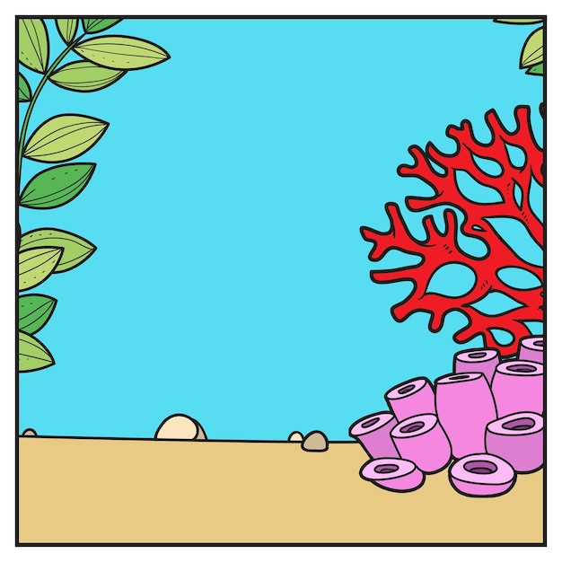 Underwater world simple square background with corals and algae color variation for coloring page