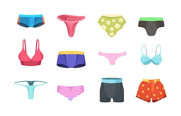 Underwear fashioned. Male underpants female panties boys and girls clothes lingerie vector set. Underwear fashion pants, clothing bikini accessories illustration