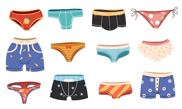 Underwear underware underpants man woman doodle style isolated set