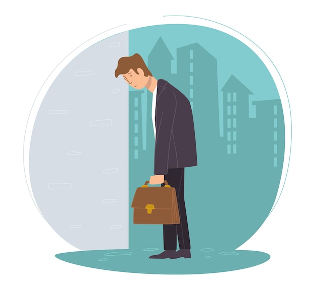 Unemployed male character sad to lose job. Man with briefcase, depressed employee got fired at work. Desperate personage on cityscape background. Unhappy expression of person. Vector in flat style