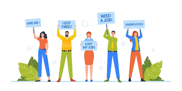 Vector unemployment after pandemic concept jobless businessmen and businesswomen characters holding signboards searching job candidates need work after lockdown cartoon people vector illustration