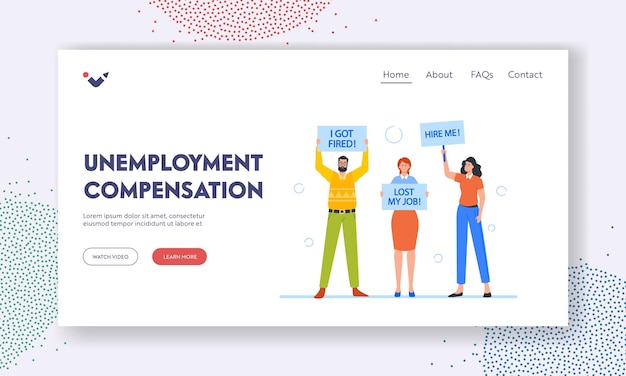 Unemployment Compensations Landing Page Template People Need Work after Lockdown Jobless Businessmen and Businesswomen Characters Holding Signboards Searching Job Cartoon Vector Illustration