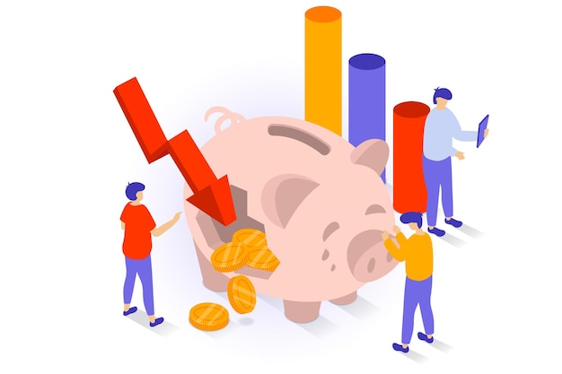 Unemployment and crisis concept in 3d isometric design People have financial problems and money recession break piggy bank and lose savings Vector illustration with isometry scene for web graphic