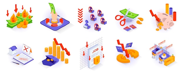 Unemployment and crisis concept isometric 3d icons set Bankruptcy and loss of money savings