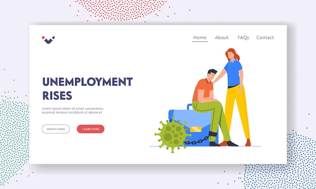 Unemployment Rises Landing Page Template Woman Support Upset Businessman Character Sitting on Briefcase with Virus Cell on Chain Counted to Leg Coronavirus Crash Cartoon People Vector Illustration