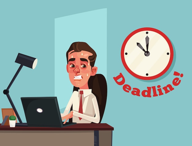 Unhappy busy sad office worker businessman character. Deadline. flat cartoon illustration