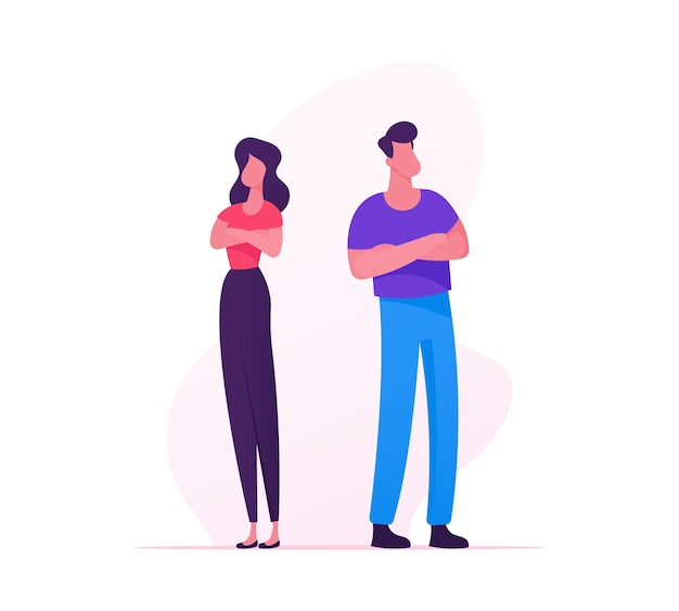 Vector unhappy couple with relationship problems standing with crossed arms back to back avoid looking at each other after quarrel or serious fight. cartoon flat  illustration