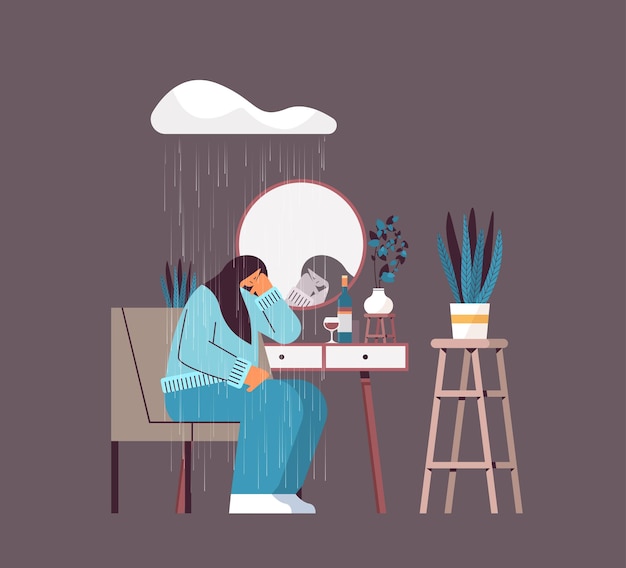 unhappy depressed woman under rain cloud looking at mirror girl feeling desperate mental health diseases depression stress concept full length vector illustration