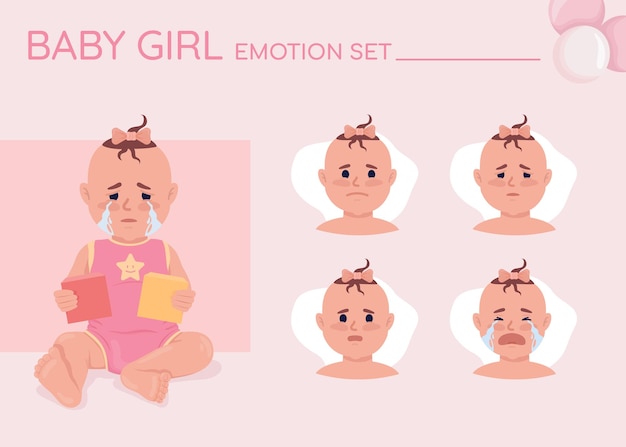 Unhappy little girl semi flat color character emotions set