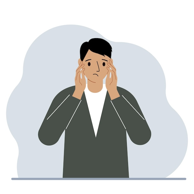 Unhappy man clutching his head with his hands. Emotions and body language concept. Stress, tension and migraine concept. Vector flat illustration