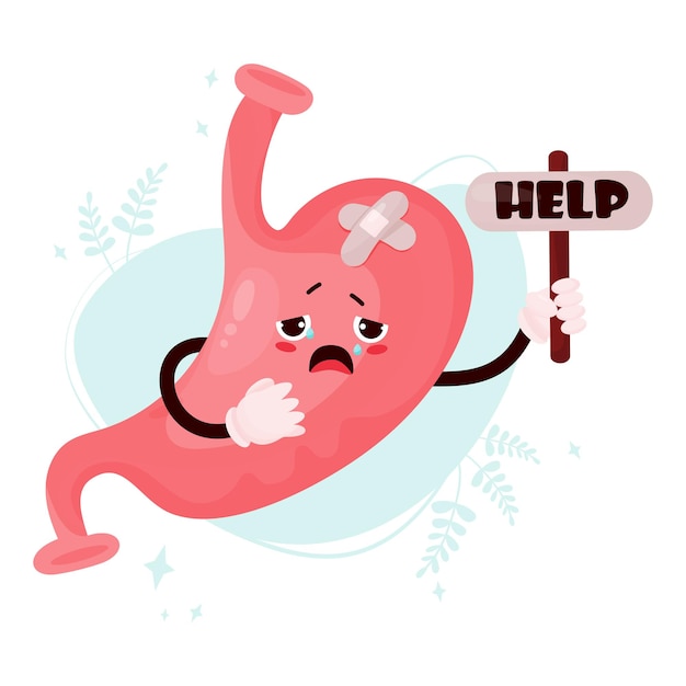 Unhappy sad cartoon stomach Cute character human organ is sick suffering and asking for help