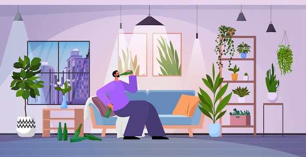 unhappy sad man drinker alcoholic drinking alone depressed addicted drunk guy having problem alcohol addiction alcoholism concept living room interior horizontal full length vector illustration