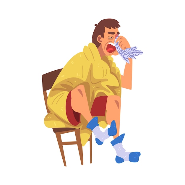 Vector unhappy sick man sitting on armchair wrapped in plaid guy with flu wearing knitted socks measuring temperature with thermometer cartoon vector illustration